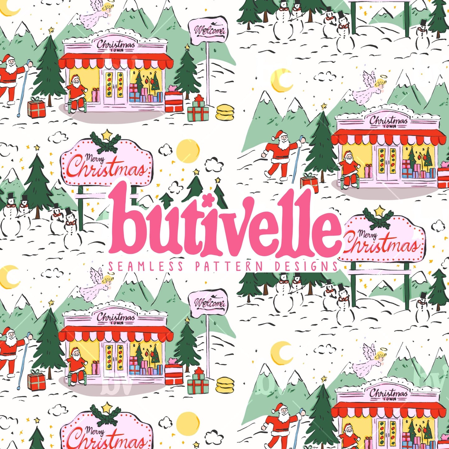 ORIGINAL Hand Drawn Christmas Town Seamless Pattern, T0868
