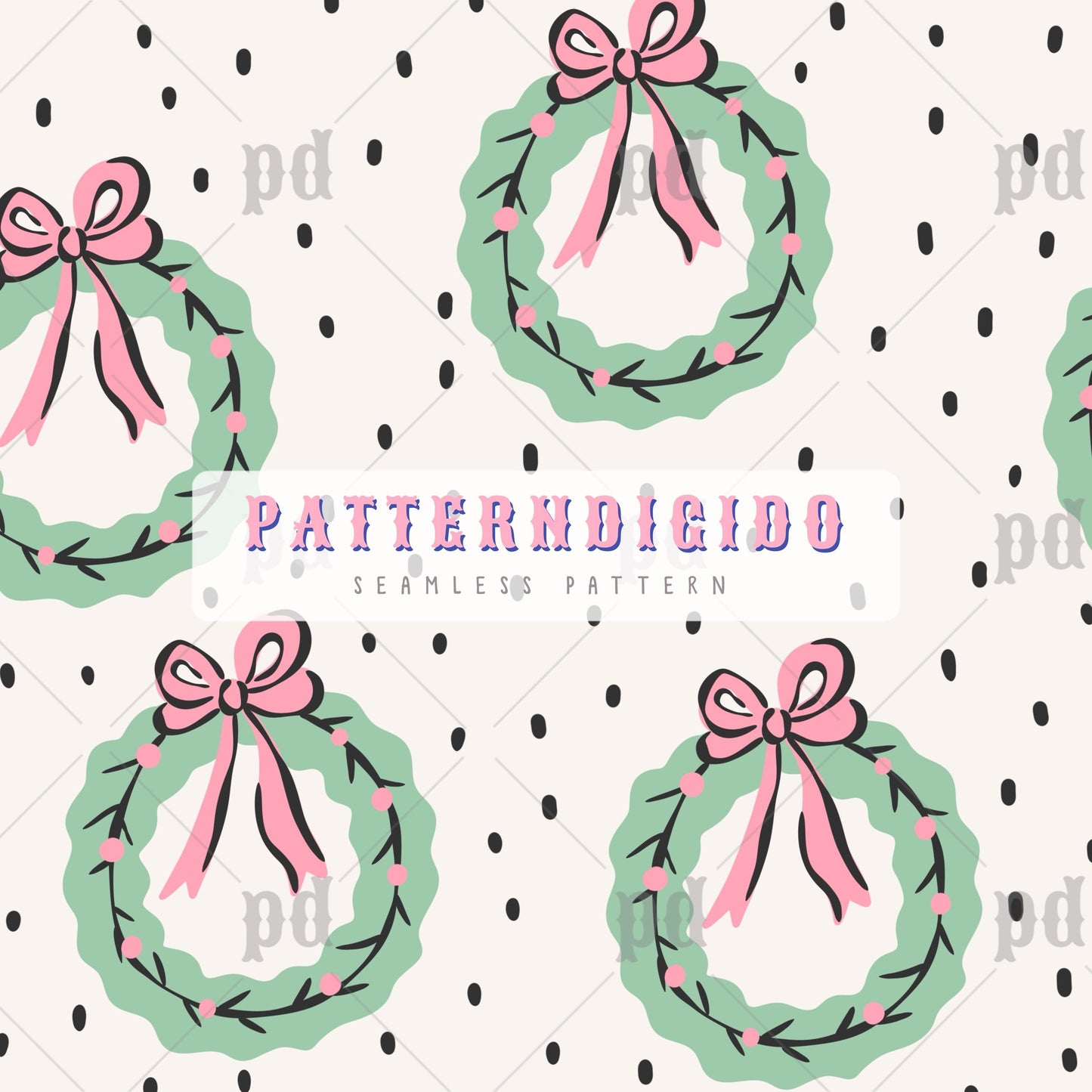Christmas Wreath with Pink Bow Seamless Pattern, T0774
