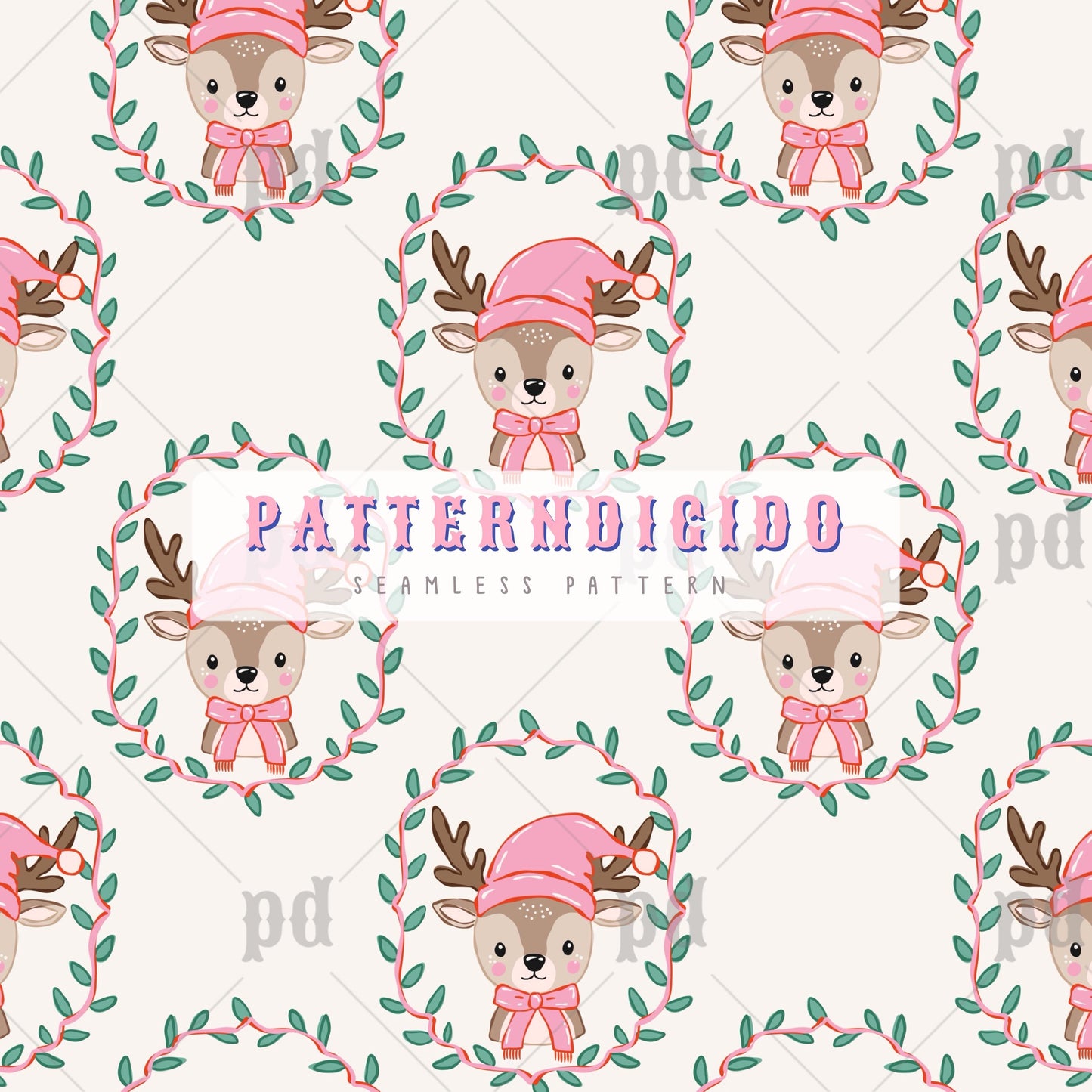 Cute Reindeers with Pink Hat Christmas Seamless Pattern, T0770