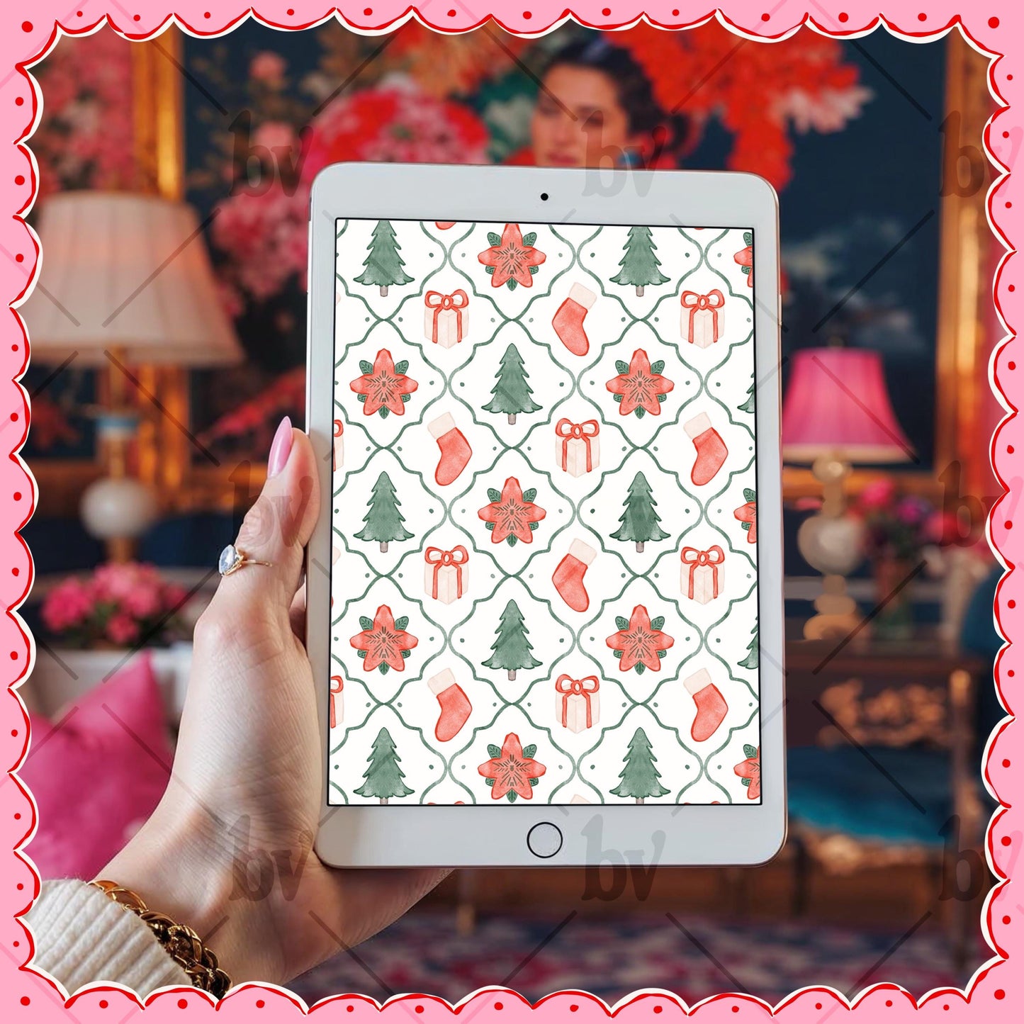 Watercolor Christmas Trellis Seamless Pattern, T0834