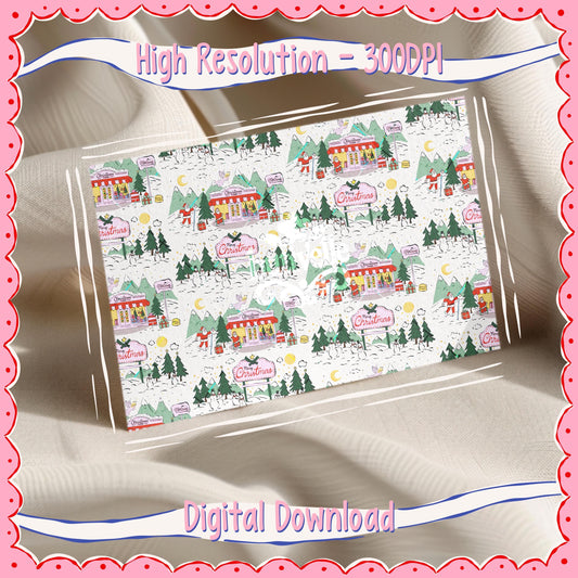 ORIGINAL Hand Drawn Christmas Town Seamless Pattern, T0868