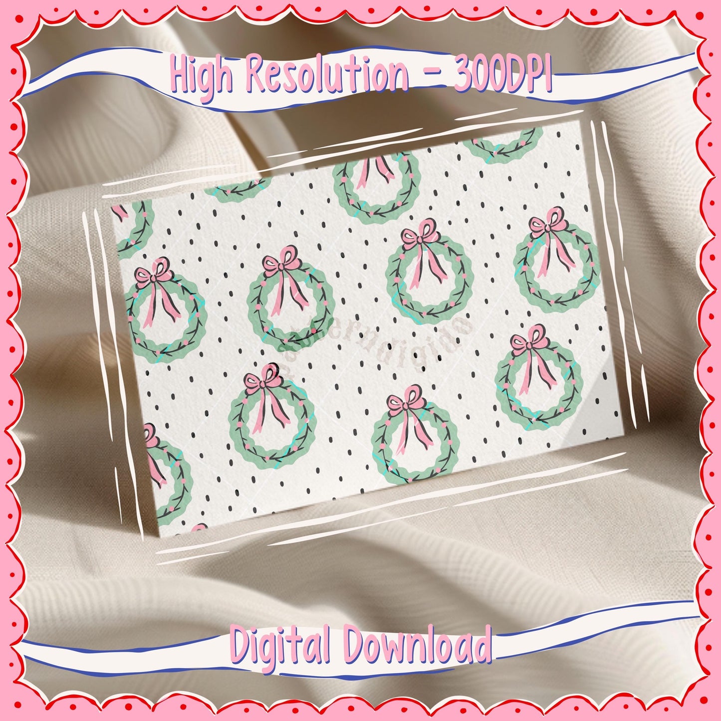 Christmas Wreath with Pink Bow Seamless Pattern, T0774