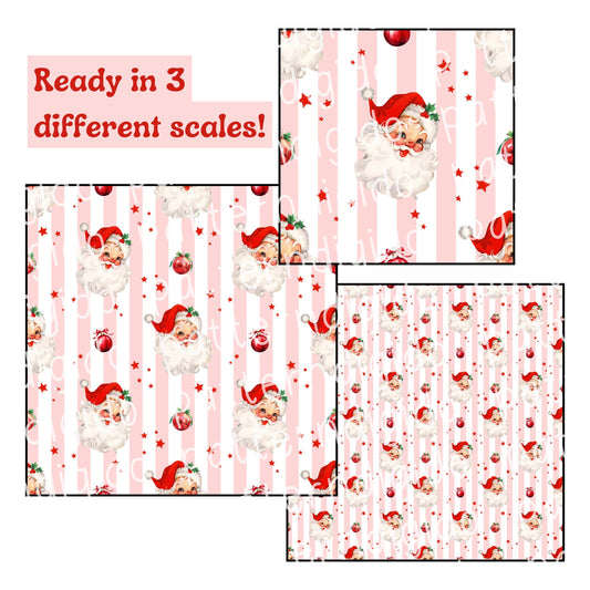 Vintage Retro Watercolor Santa with Pink Stripes Seamless Pattern, T0498