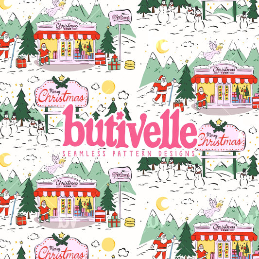 ORIGINAL Hand Drawn Christmas Town Seamless Pattern, T0868