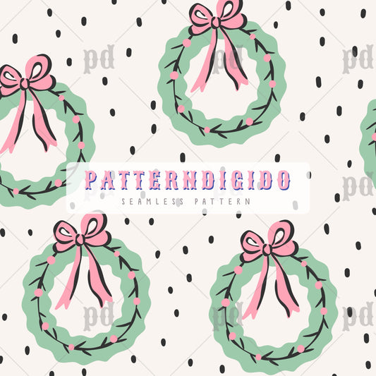 Christmas Wreath with Pink Bow Seamless Pattern, T0774