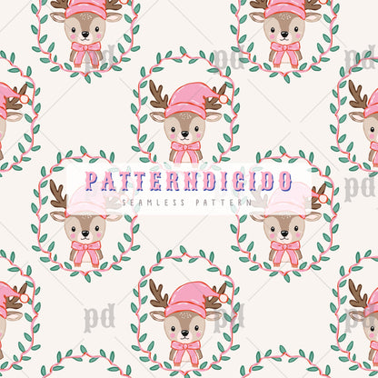 Cute Reindeers with Pink Hat Christmas Seamless Pattern, T0770