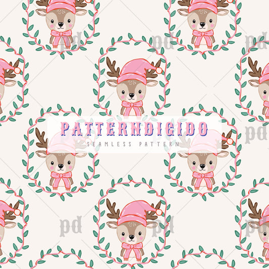 Cute Reindeers with Pink Hat Christmas Seamless Pattern, T0770