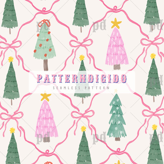 Christmas Trees with Bows Seamless Pattern, T0813