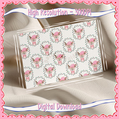 Cute Reindeers with Pink Hat Christmas Seamless Pattern, T0770