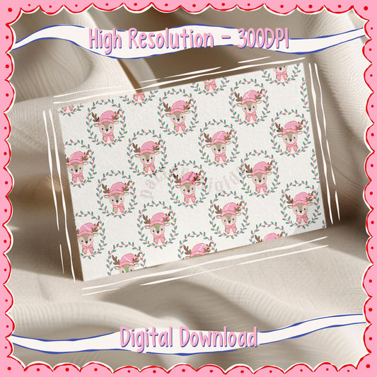 Cute Reindeers with Pink Hat Christmas Seamless Pattern, T0770