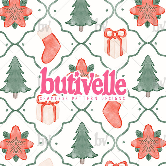Watercolor Christmas Trellis Seamless Pattern, T0834